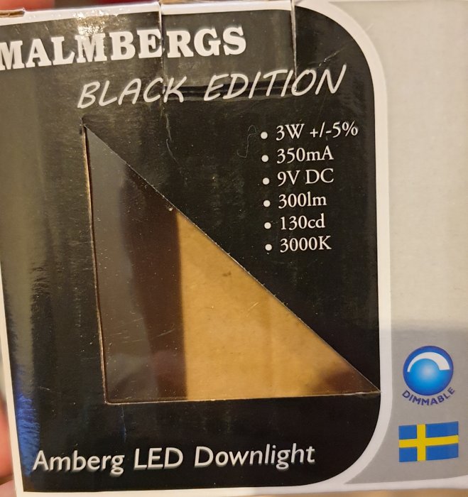 Förpackning för Malmbergs Black Edition Amberg LED Downlight med specifikationer.