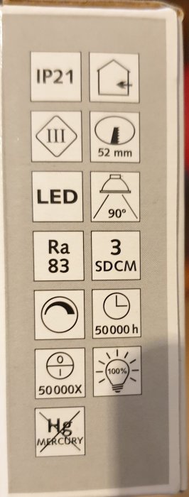 Beskrivning av en LED-downlight-armatur med specifikationer: IP21, 52 mm, 90° spridningsvinkel, Ra 83, 3 SDCM, 5000 h livslängd.