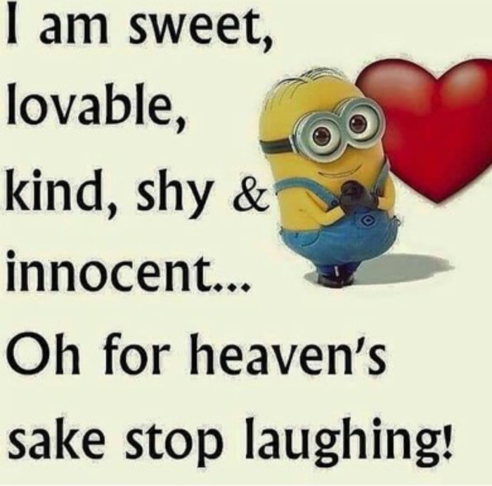 Gul Minion-figur bredvid text "I am sweet, lovable, kind, shy & innocent" och ett stort rött hjärta.