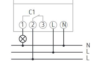 Skematisk ritning av en elektrisk krets med kontakter och förbindelser markerade med 1, 2, 3, L och N.