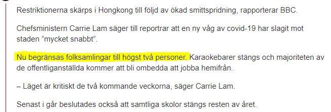 Skärmdump av nyhetsartikeltext som nämner begränsning av folksamlingar till högst två personer i Hongkong.
