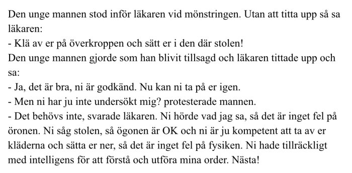 En skärmavbild av en text som berättar en rolig historia om en läkarundersökning under mönstring.