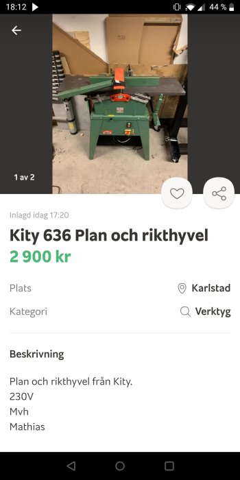 Kity 636 Plan och rikthyvel för snickeriarbete, grön och svart, placerad i ett verkstadsrum.