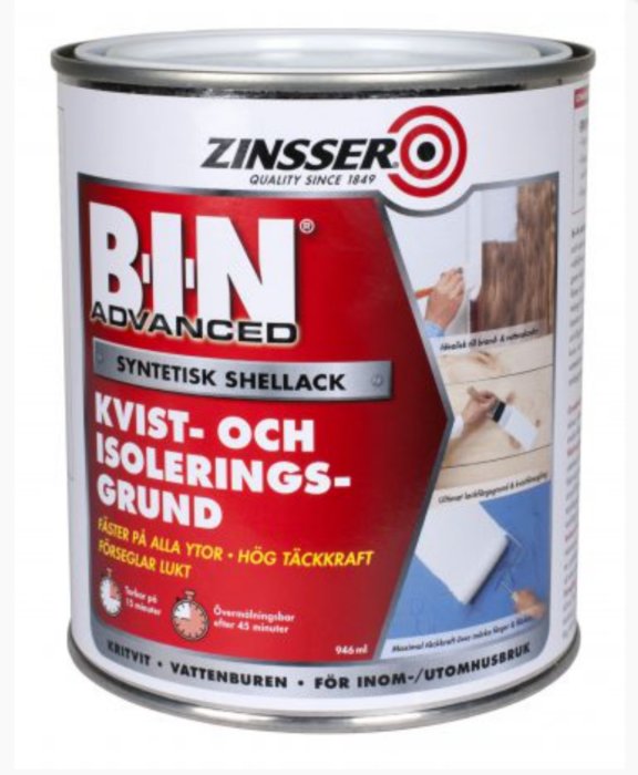 Burk med Zinsser B-I-N Advanced, syntetisk shellack och isoleringsgrund för inom- och utomhusbruk.