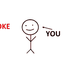 En enkel teckning av en figur med texten "JOKE" och pil mot "YOU" som indikerar ett skämt som går över huvudet.
