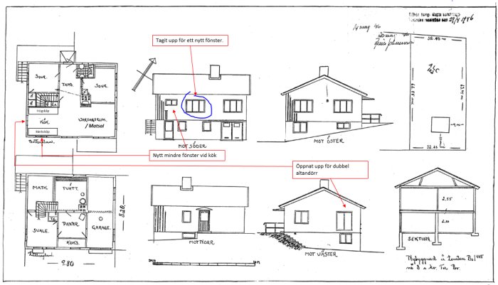 Arkitektritningar av ett hus med markerade ändringar; nya fönster, en förminskad befintlig fönster och dubbel altandörr.