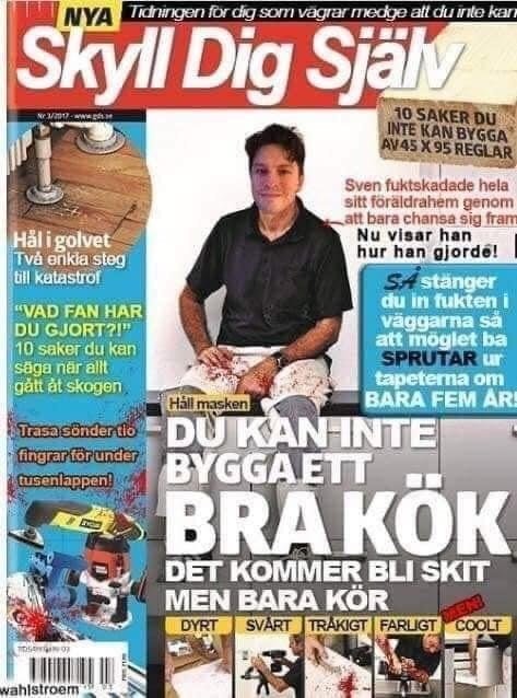 Tidningsomslag med rubriker om byggprojekt och en person som ler med texten "Du kan inte bygga ett bra kök".