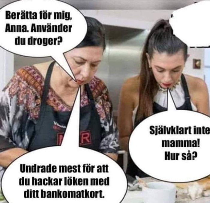 Två kvinnor i kök, en hackar lök med betalkort, humoristisk dialog i pratbubblor om droganvändning.