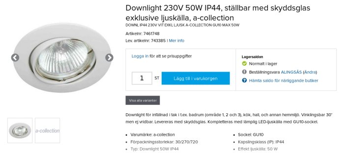 Downlight 230V 50W IP44 från a-collection, ställbar med skyddsglas, vit.