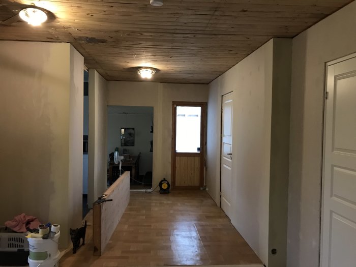 Interiör av ett rum med spacklade väggar redo för renovering och en katt på golvet.