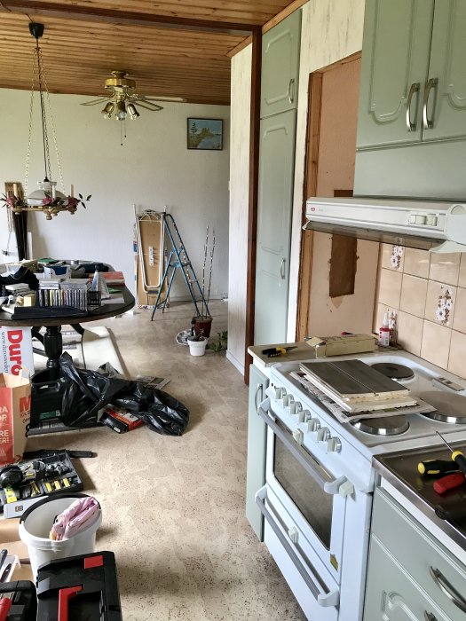 Kök under förberedelser inför renovering med röriga ytor, verktyg på golvet och halvt borttagna skåpsluckor.