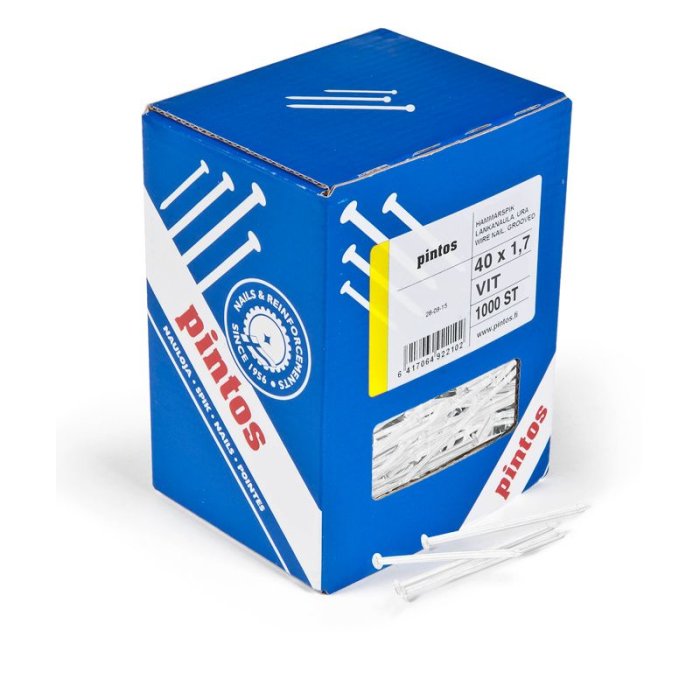 Blå förpackning med vit text "pintos", innehållandes vita spikar, framför ett vitt bakgrund.