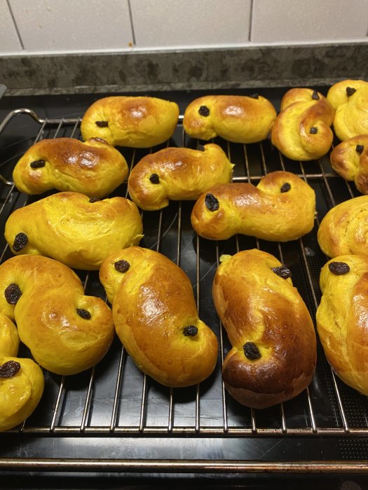 Nybakade saffransbullar med russin, gyllene färg, på en ugnsgaller.