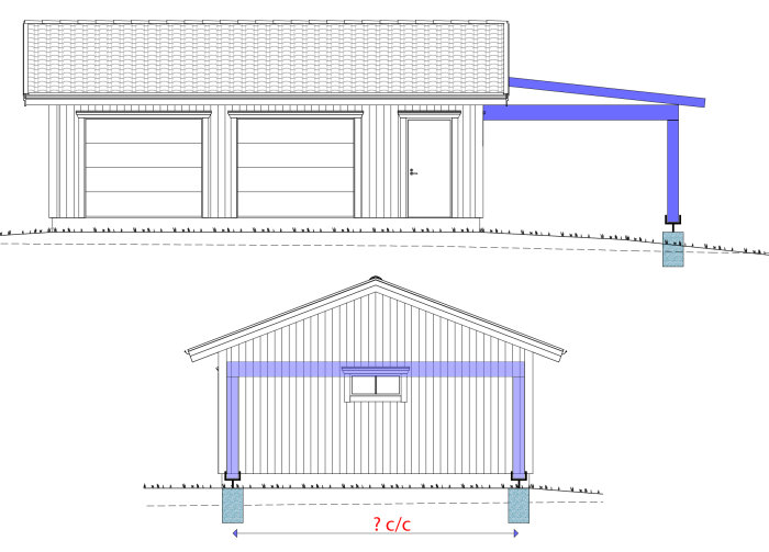 Skiss av carport kopplat till garage med måttangivelser och plintpositioner markerade.