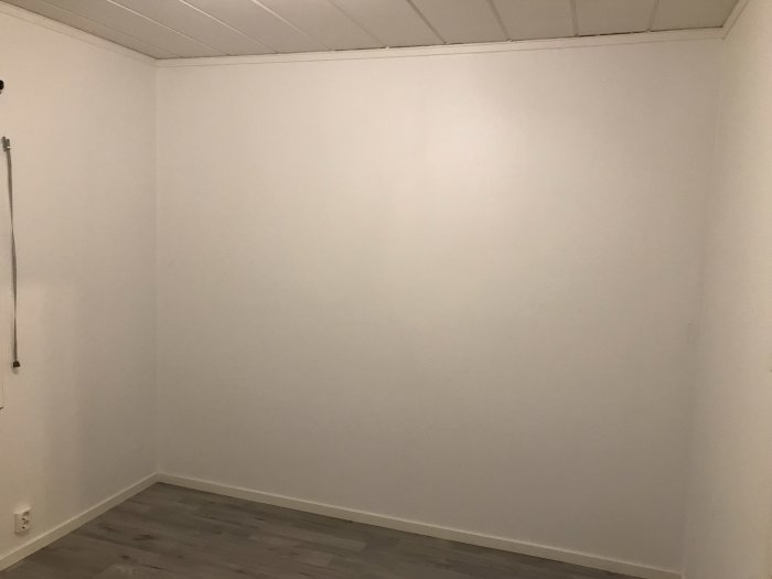 Renoverat rum med ljusa väggar, laminatgolv, vita taklister och stängd innerdörr.