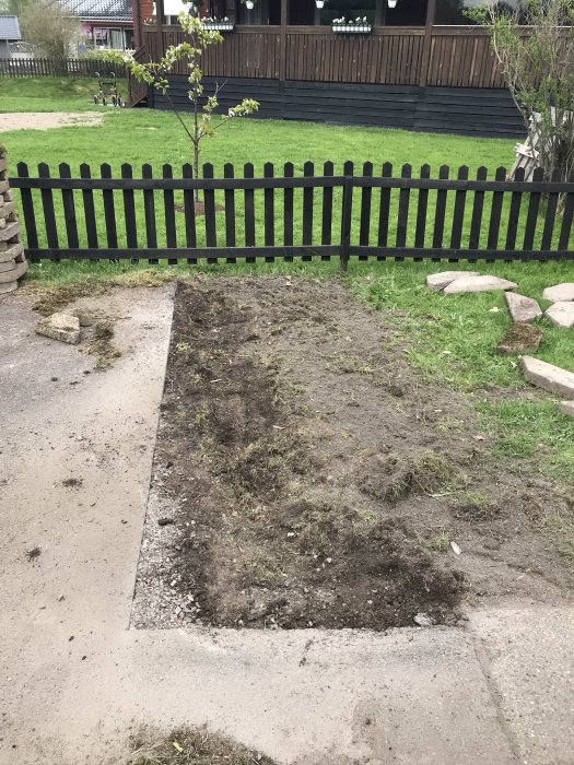 Renoverad trädgårdsrabatt där gammal beplantning har grävts bort inför grässådd.