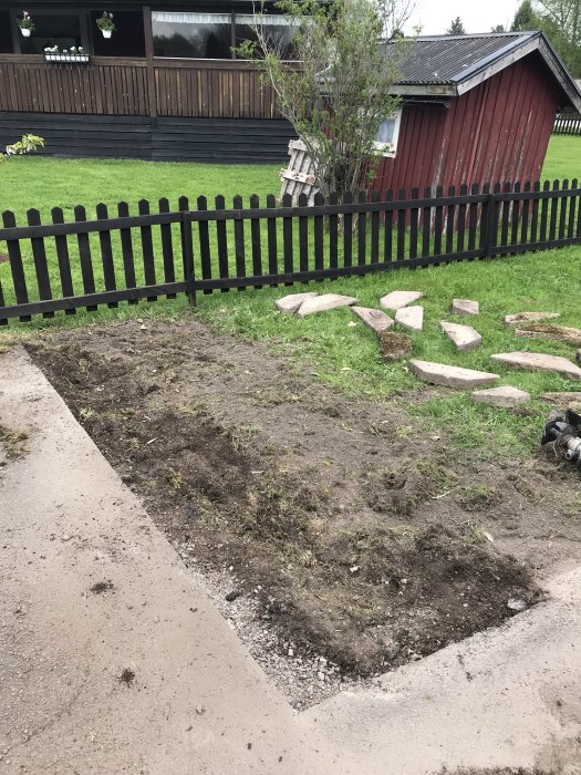 Nygrävd trädgårdsyta där en gammal rabatt tagits bort för att ersättas med gräs.