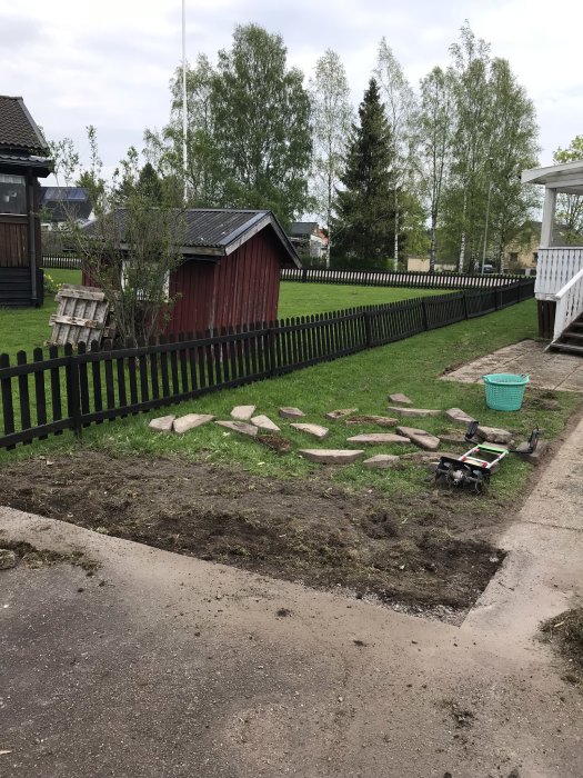 Uppgrävd trädgårdsrabatt med spade och verktyg, planerad för att så gräs, omgiven av grönt gräs och staket.