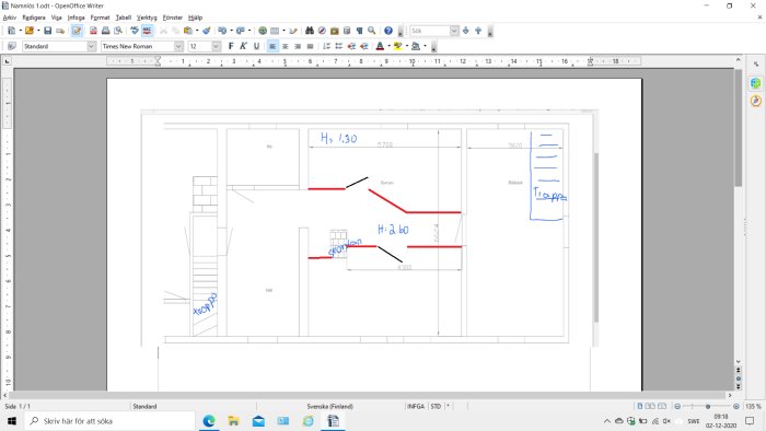 Skärmbild av en ritning i OpenOffice Writer visande förslag på rumslayout med korridor och två sovrum.