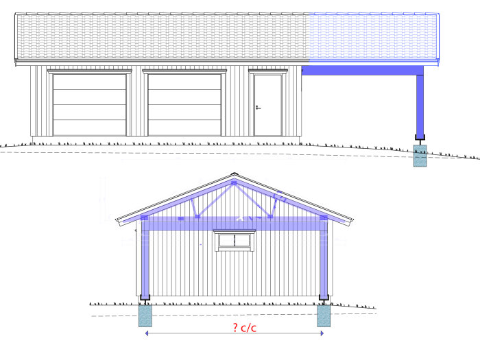 Arkitektonisk ritning av garage med två plintar och detaljerad takkonstruktion.