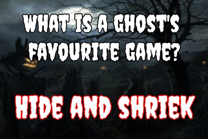 Text på bild med skämt: "What is a ghost's favourite game? Hide and Shriek" på mörk bakgrund med träd.