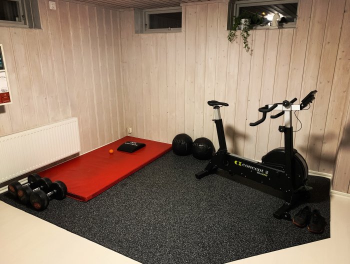 Hemmagym med roddmaskin, hantlar, yogamatta och motionscykel i källarrum med träpanel.