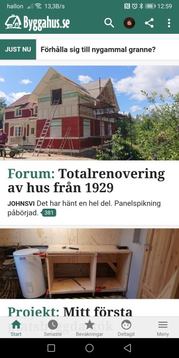 Skärmdump av diskussionstråd på Byggahus.se med hus under renovering och träarbete på en bänk.