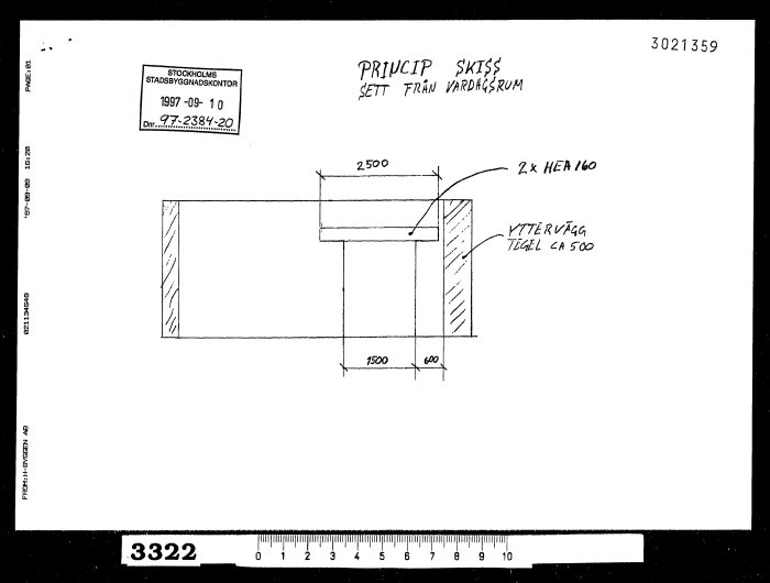 Arkitekt ritning som visar principskiss för en avväxling av en bärande vägg inomhus, daterad 1997.