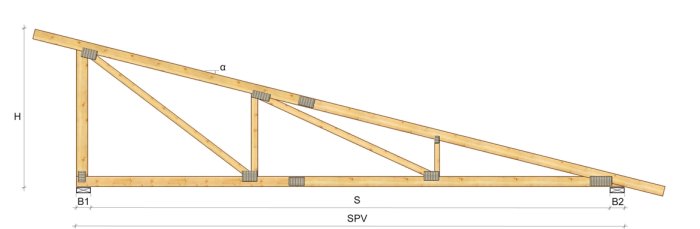 Teknisk ritning av en takstol för pulpettak med markerade hammarband och underliggande takregel.