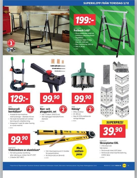 Reklamblad från Lidl med olika verktyg och byggmaterial inklusive hopfällbara ställningar och skruvplattor.
