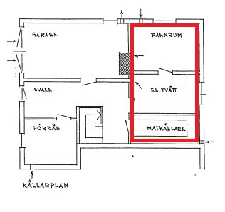 Ritning av källarplan med områden markerade i rött där plattan är tänkt att bilas bort.