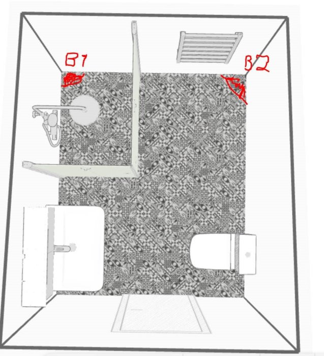 Planritning av ett litet badrum med hörndusch, toalett och handfat, markerad potentiell placering för två golvbrunnar.