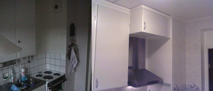 Köksrenovering före och efter, från en gammal fläkt på väggen till en integrerad fläkt i ett matchande överskåp.