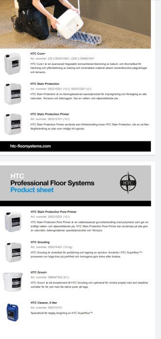 Person applicerar HTC Cure+ på ett betonggolv med en mopp, bredvid produktinformation för HTC golvsystem.