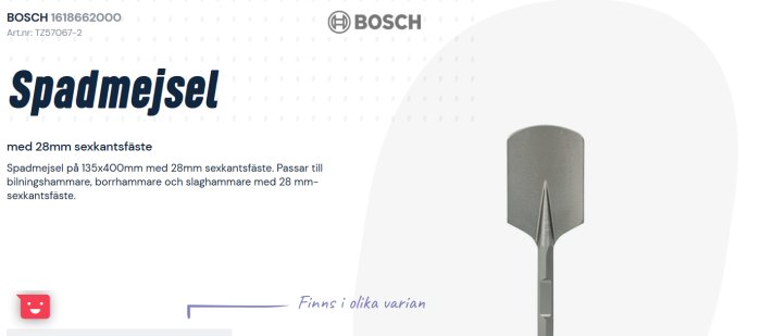 Bosch spadmejsel 135mm bred med 28mm sexkantsfäste för betongarbeten.