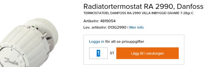 Danfoss RA 2990 radiator thermostat with temperature scale and product details.