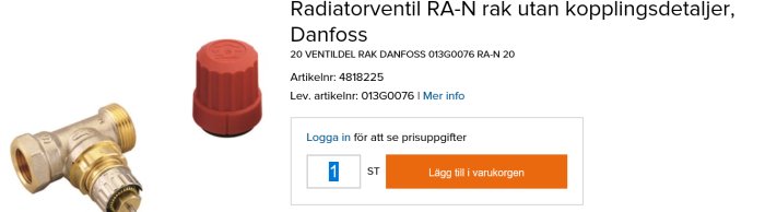 Danfoss RA-N rak radiatorventil och röd skyddshatt utan kopplingsdetaljer.