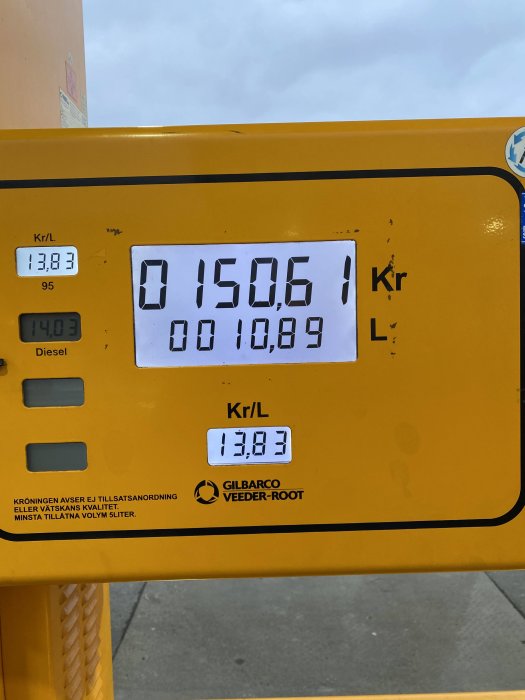 Bränslepumpdisplay visar 150,61 kronor för 10,89 liter bränsle med priset 13,83 kr/liter.