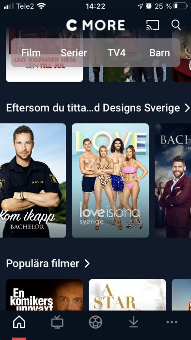 Skärmdump av C-More streamingtjänst som visar rekommenderade program inklusive "Love Island Sverige".