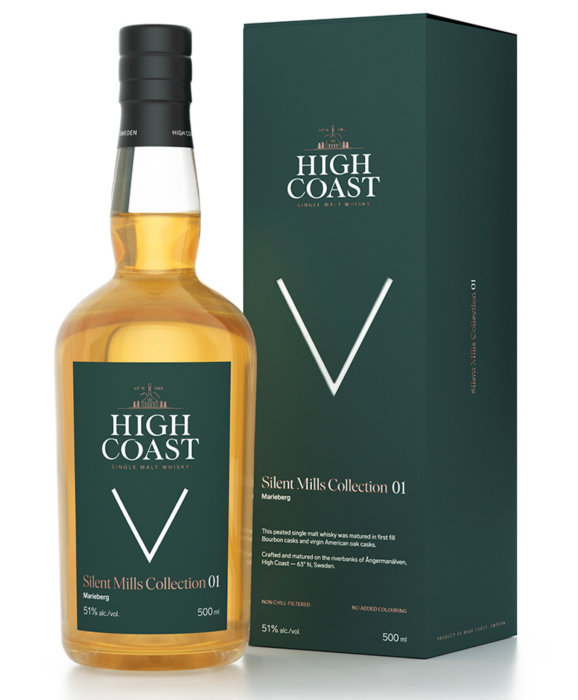 Flaska av High Coast Single Malt Whisky med box, Silent Mills Collection, 51% alkohol.