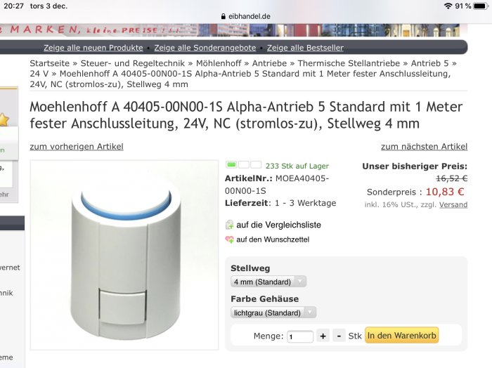 Skärmbild från webbplats som visar Moehlenhoff Alpha-Drivanordning för uppvärmningskontroll.