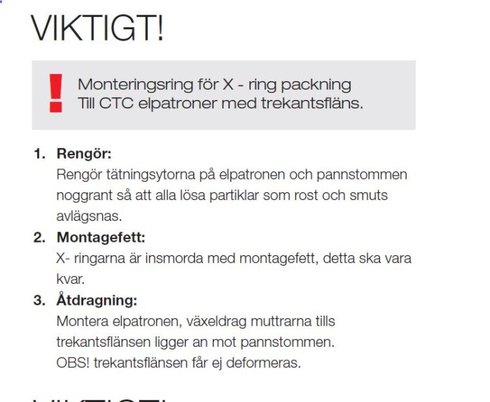 Sida om montage av packning med anvisningar för rengöring, montering och åtdragning.