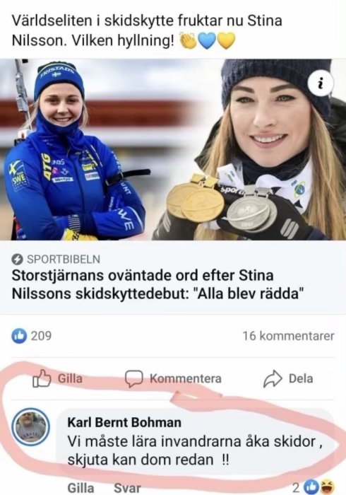 Skärmdump från socialt nätverk visar kvinnlig skidskytt med medaljer och user kommentarer.