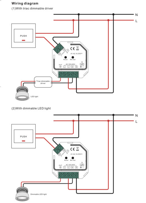 Kopplingsschema för dimbar LED-belysning med två olika drivkonfigurationer.