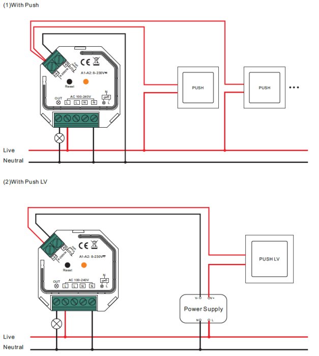 Elektriskt inkopplingsschema för SR-ZG9101SAC-HP-switch med parallellkopplade push-brytare.