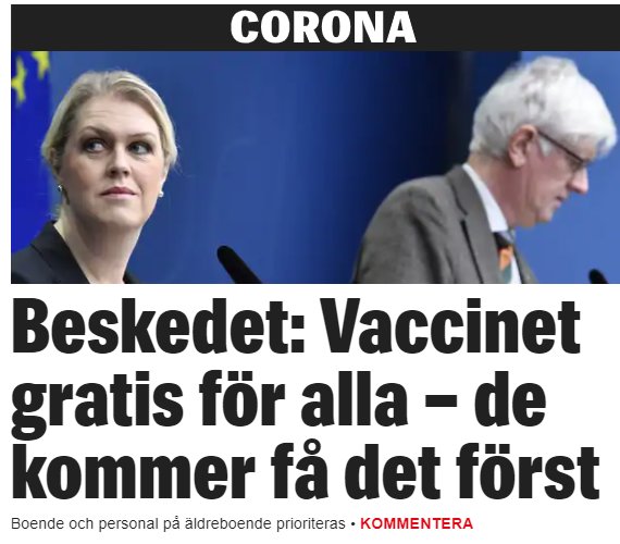 Två personer vid mikrofoner med text om gratis vaccin, i nyhetssammanhang rörande Corona.