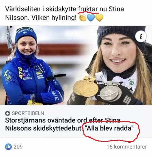 Skärmdump med två bilder av Stina Nilsson, överst i skidkläder och medalj, nederst leende, med text om skidskyttedebut.