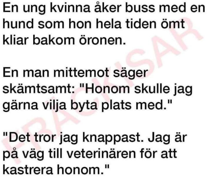 Skärmbild av en textskämt om en kvinna på en buss med sin hund på väg till veterinären.