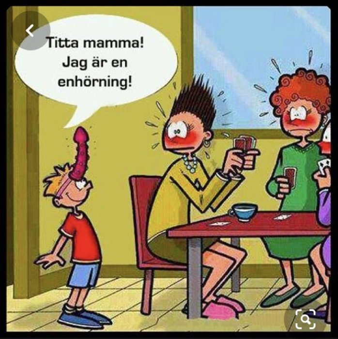 Seriebild med ett barn som balanserar en glass på huvudet och säger "Titta mamma! Jag är en enhörning!" till två chockade vuxna.