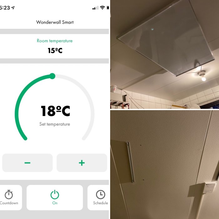 Installation av infrapanel i tak med appkontroll och termometer som visar rumstemperatur och inställd temperatur.